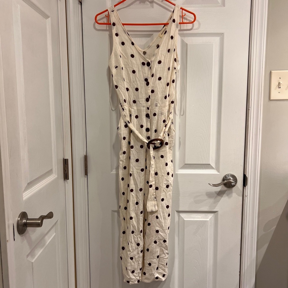 Monteau Womens Ivory and Brown Polka Dot‎ Linen Blend Jumpsuit Sleeveless